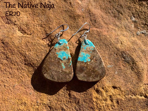 Navajo Sterling Silver & Genuine #8 Turquoise French Hook Slab Earrings ER70