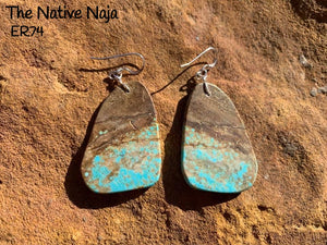 Navajo Sterling Silver & Genuine #8 Turquoise French Hook Slab Earrings ER74