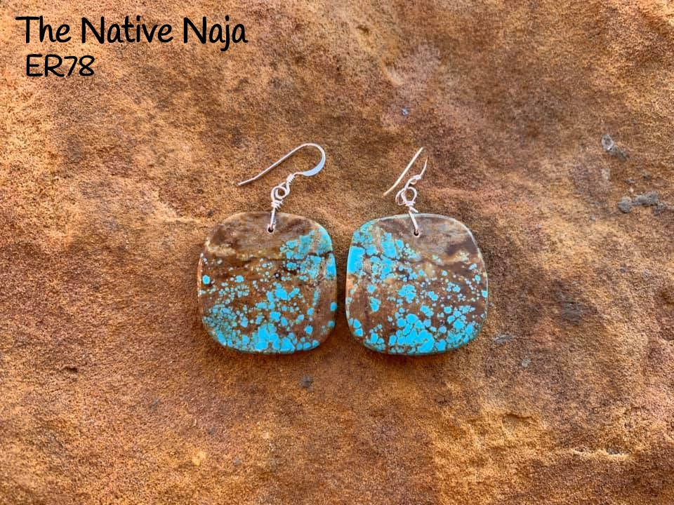 Navajo Sterling Silver & Genuine #8 Turquoise French Hook Slab Earrings ER78