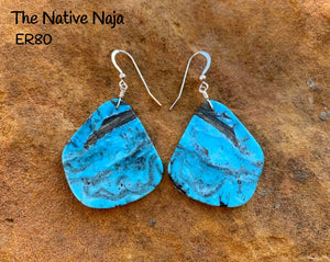 Large Navajo Sterling Silver & Kingman Turquoise French Hook Slab Earrings ER80