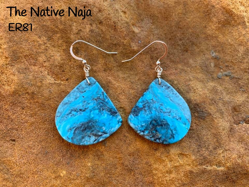 Large Navajo Sterling Silver & Kingman Turquoise French Hook Slab Earrings ER81