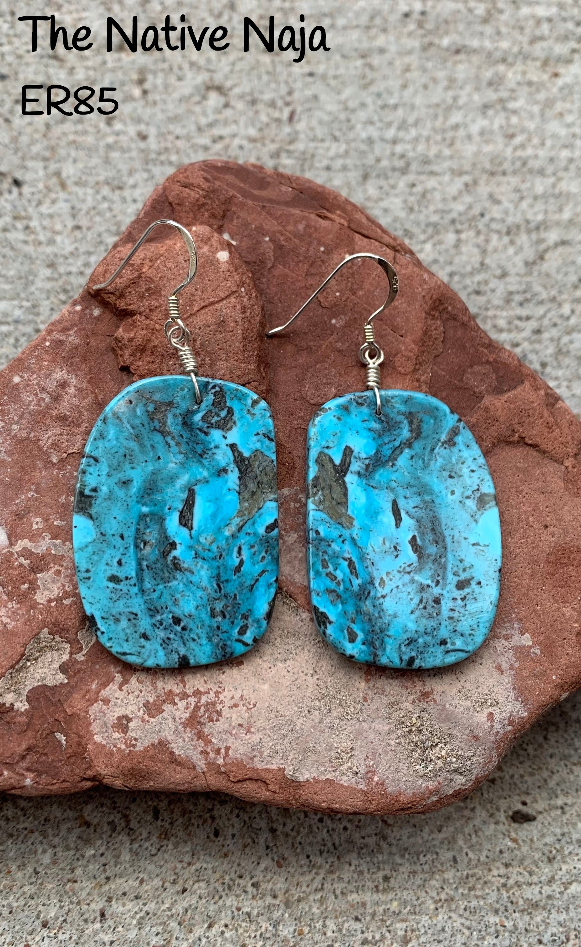 Large Navajo Genuine Sterling Silver & Kingman Turquoise French Hook Slab Earrings ER85