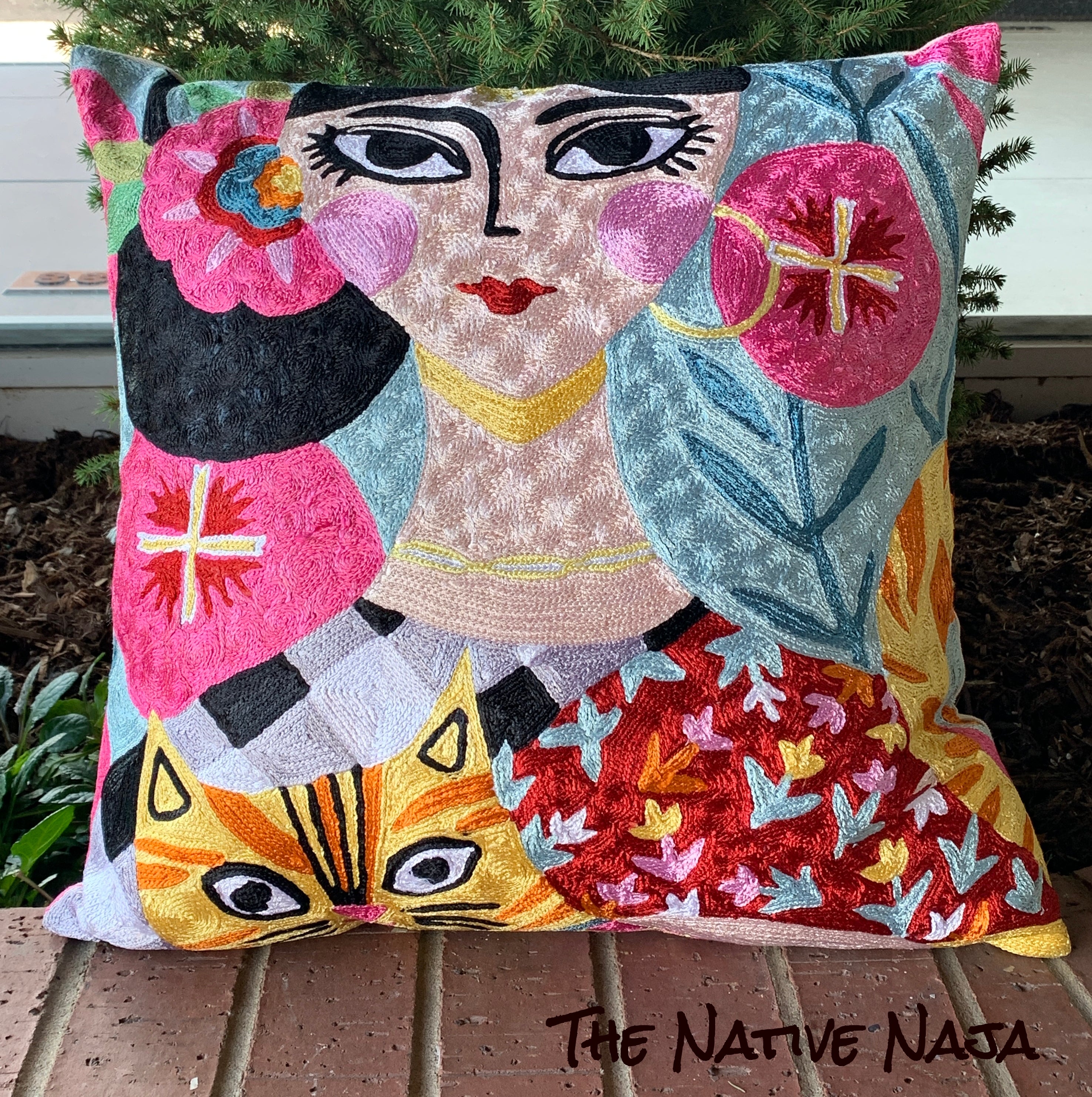 Frida Inspired Kashmiri 18"X18" Silk Designer Art Pillow Cover SPC2
