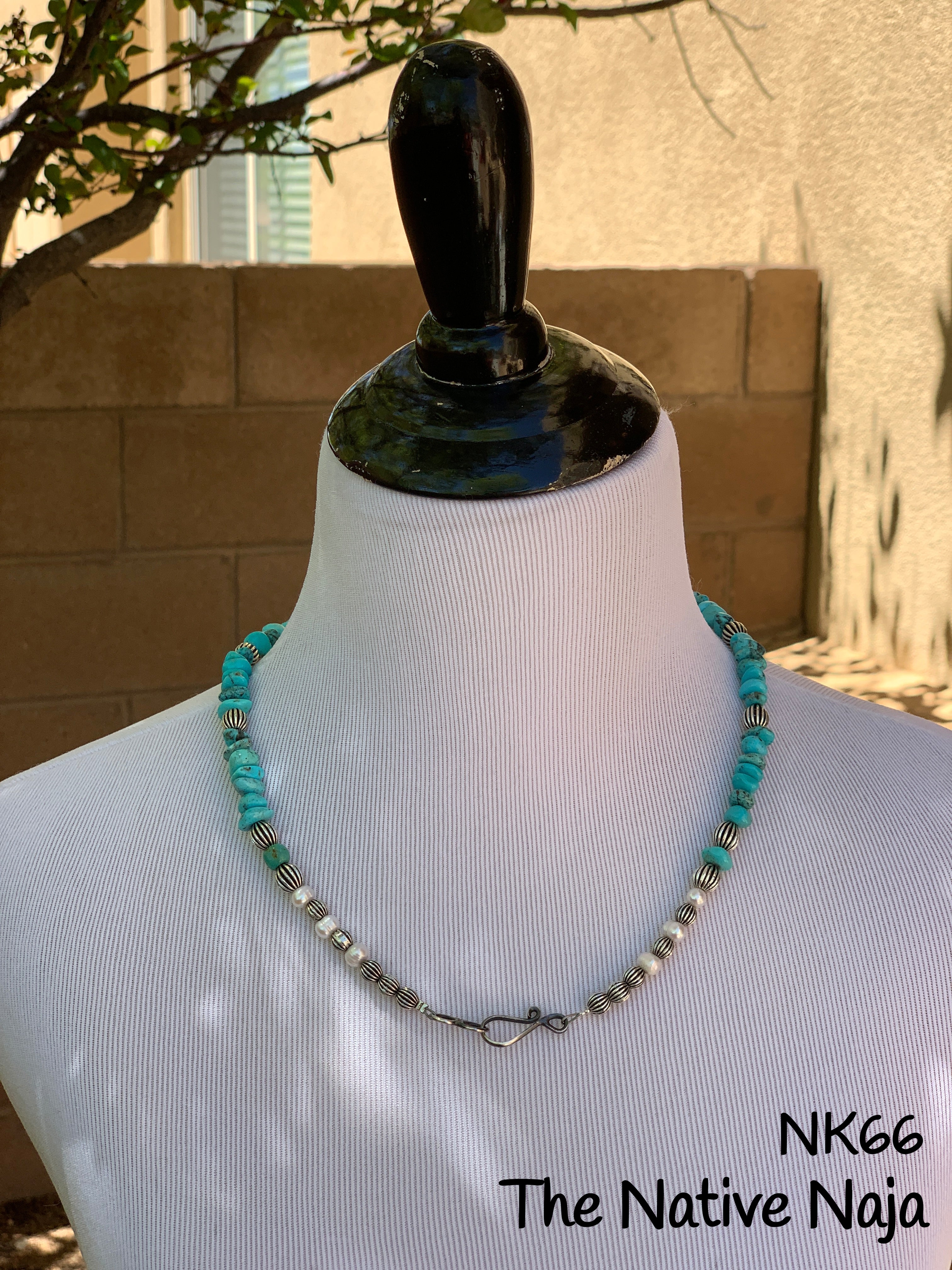 22" Sterling Silver Corrugated Pearls & Genuine Campitos Turquoise Necklace NK66
