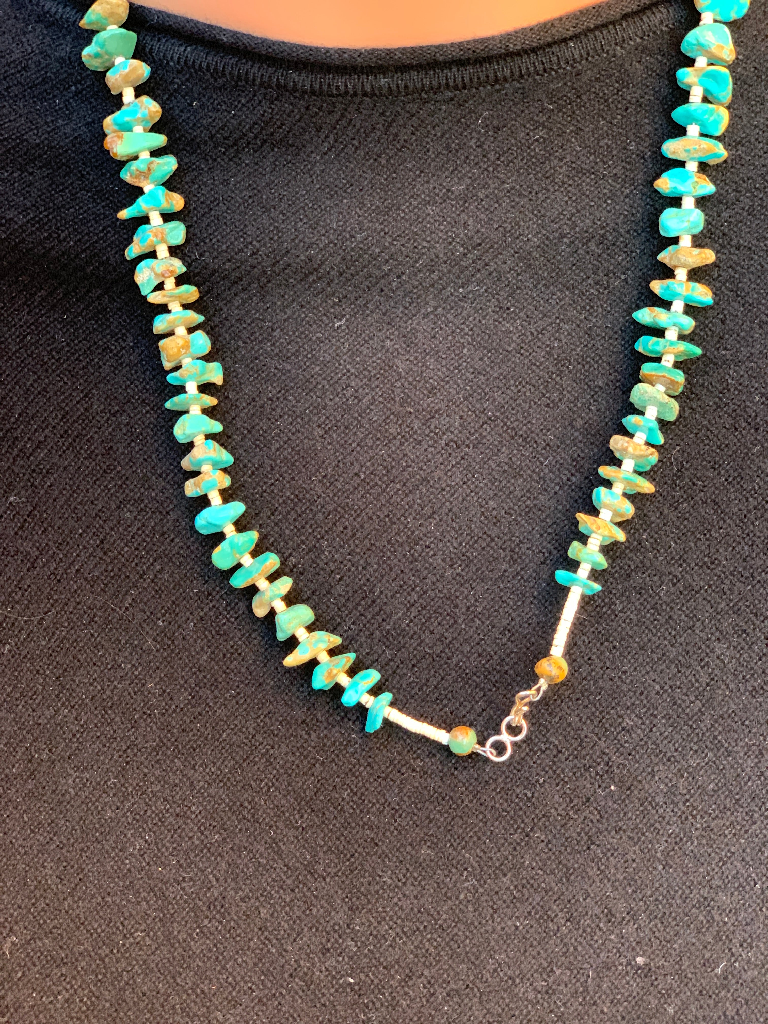 28" Chimney Butte Kingman Turquoise Hand Strung with Heishi Bead Necklace NK30