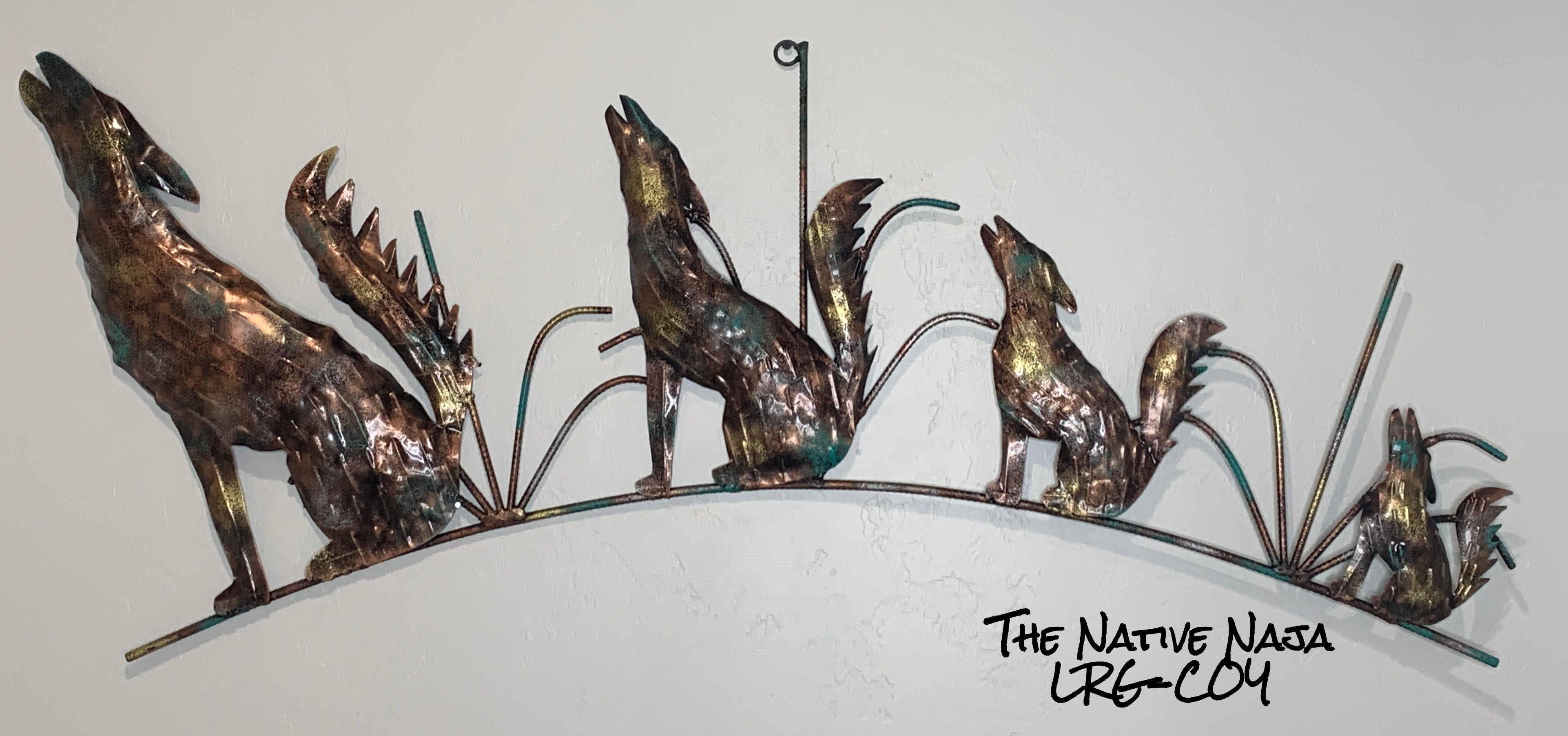 Large Coyote Family Copper Bronze & Turquoise Metal Wall Art
