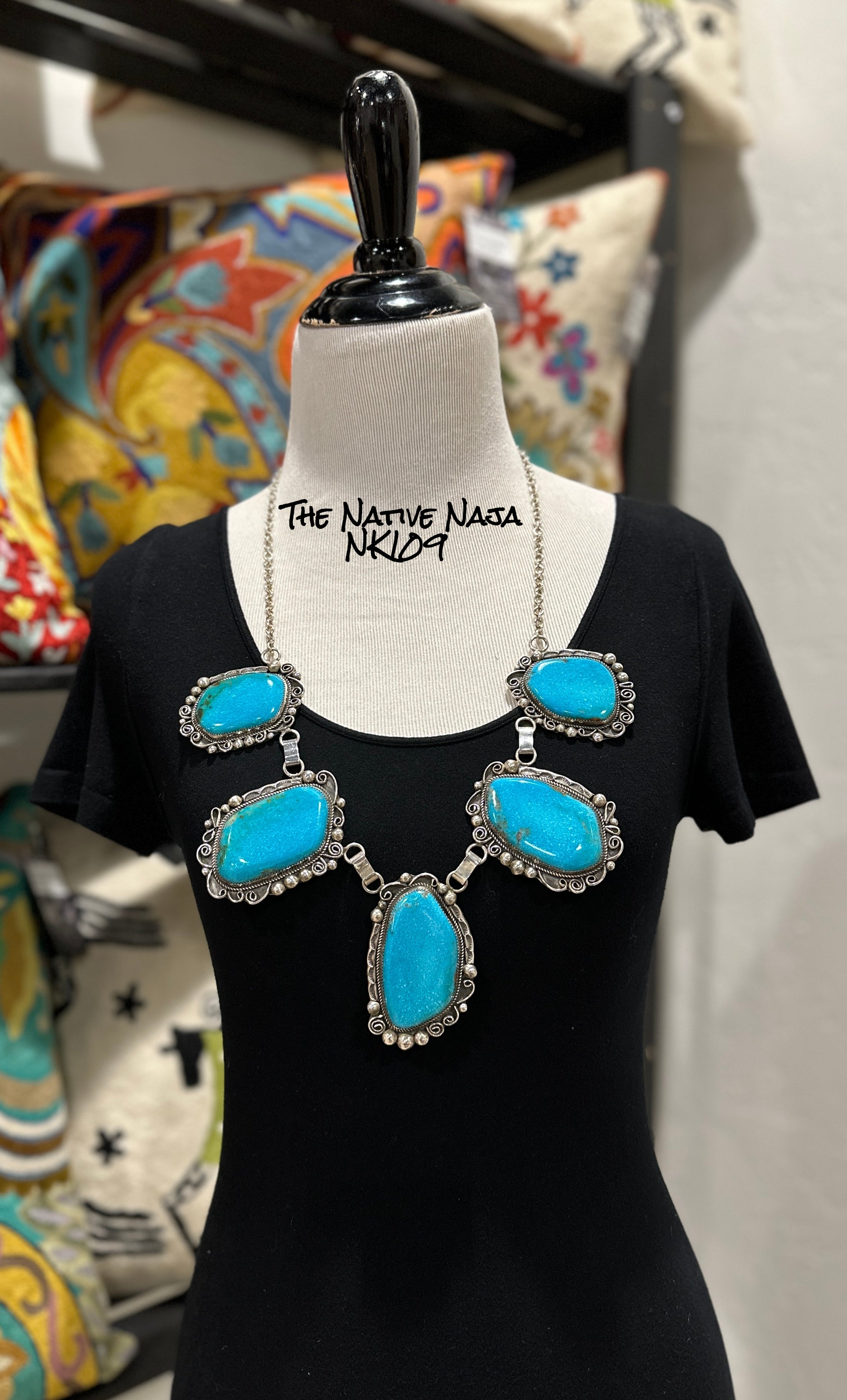 Navajo Leslie Nez Sterling Silver & Kingman Turquoise Statement Necklace NK109