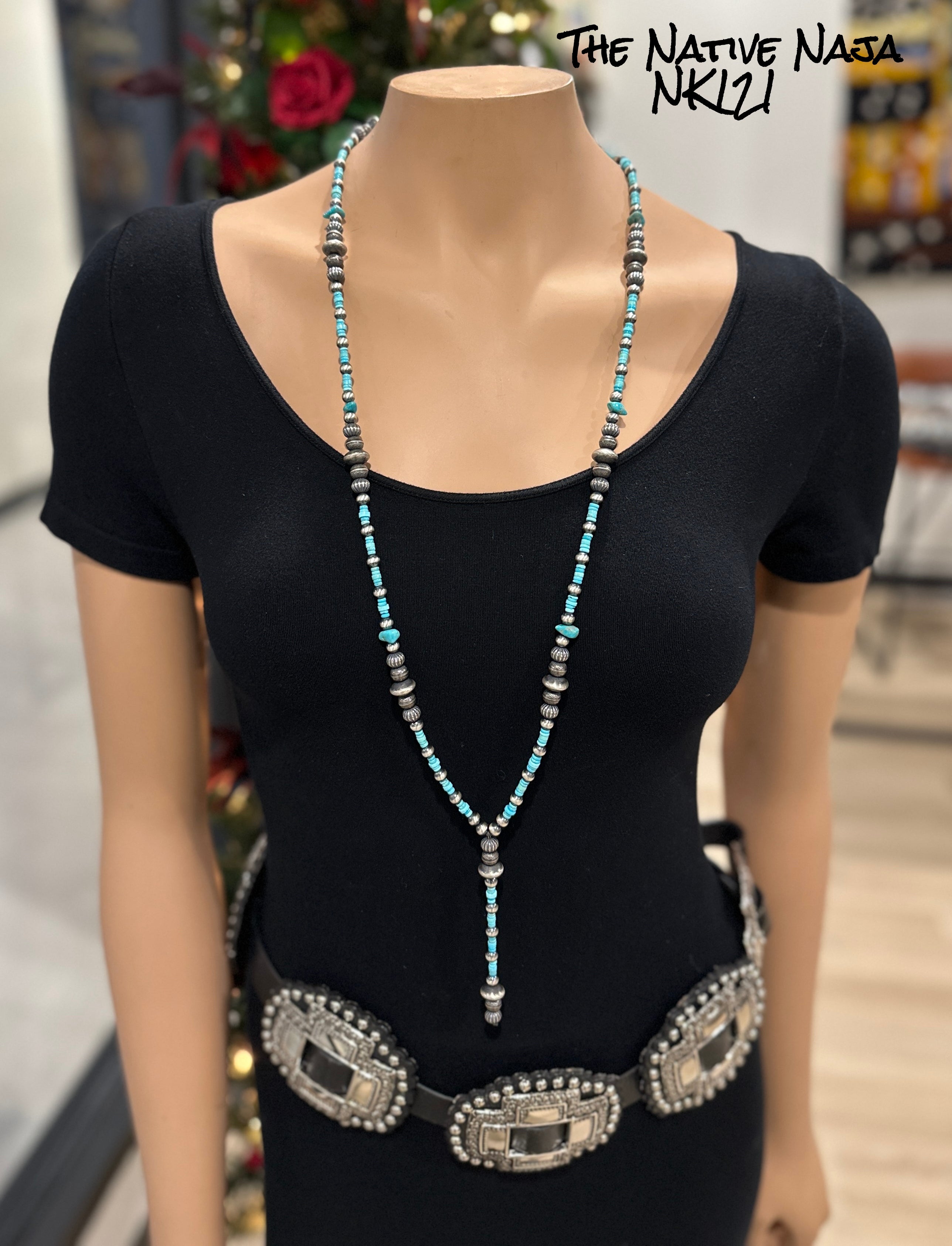 39" Navajo Pearls & Kingman Bead Turquoise Lariat Necklace NK121