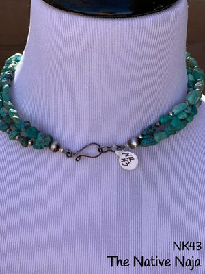 17.5" 3 Strand of Genuine Kingman Turquoise & Smaller Sterling Silver Navajo Pearls Necklace NK43