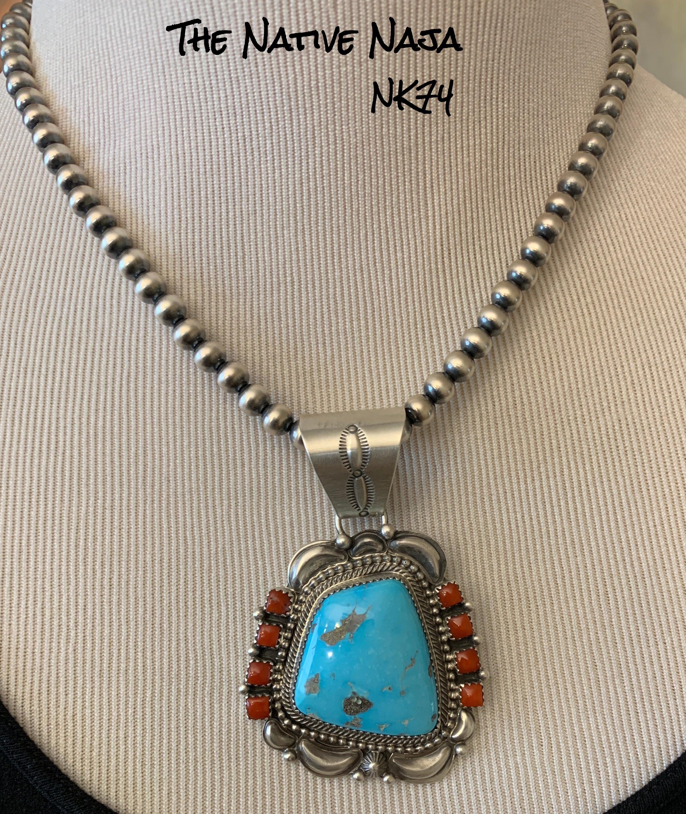 Navajo Tom Lewis 18" Sterling Silver Navajo Pearls with Turquoise & Coral Pendant NK74