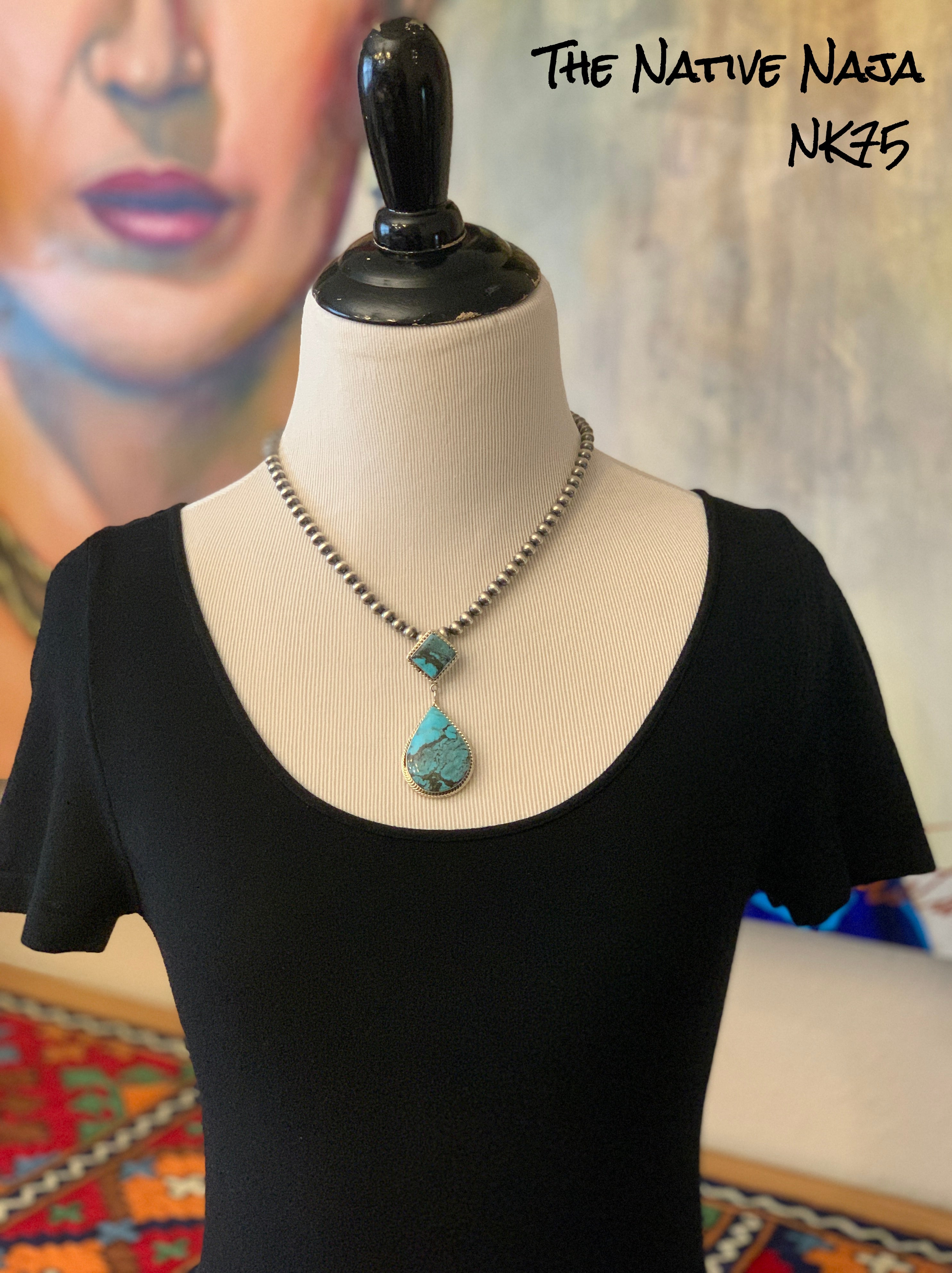 Navajo Loretta Delgarito 18" Sterling Silver Navajo Pearls with Turquoise Pendant NK75
