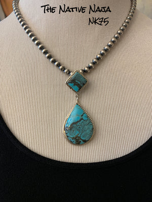 Navajo Loretta Delgarito 18" Sterling Silver Navajo Pearls with Turquoise Pendant NK75