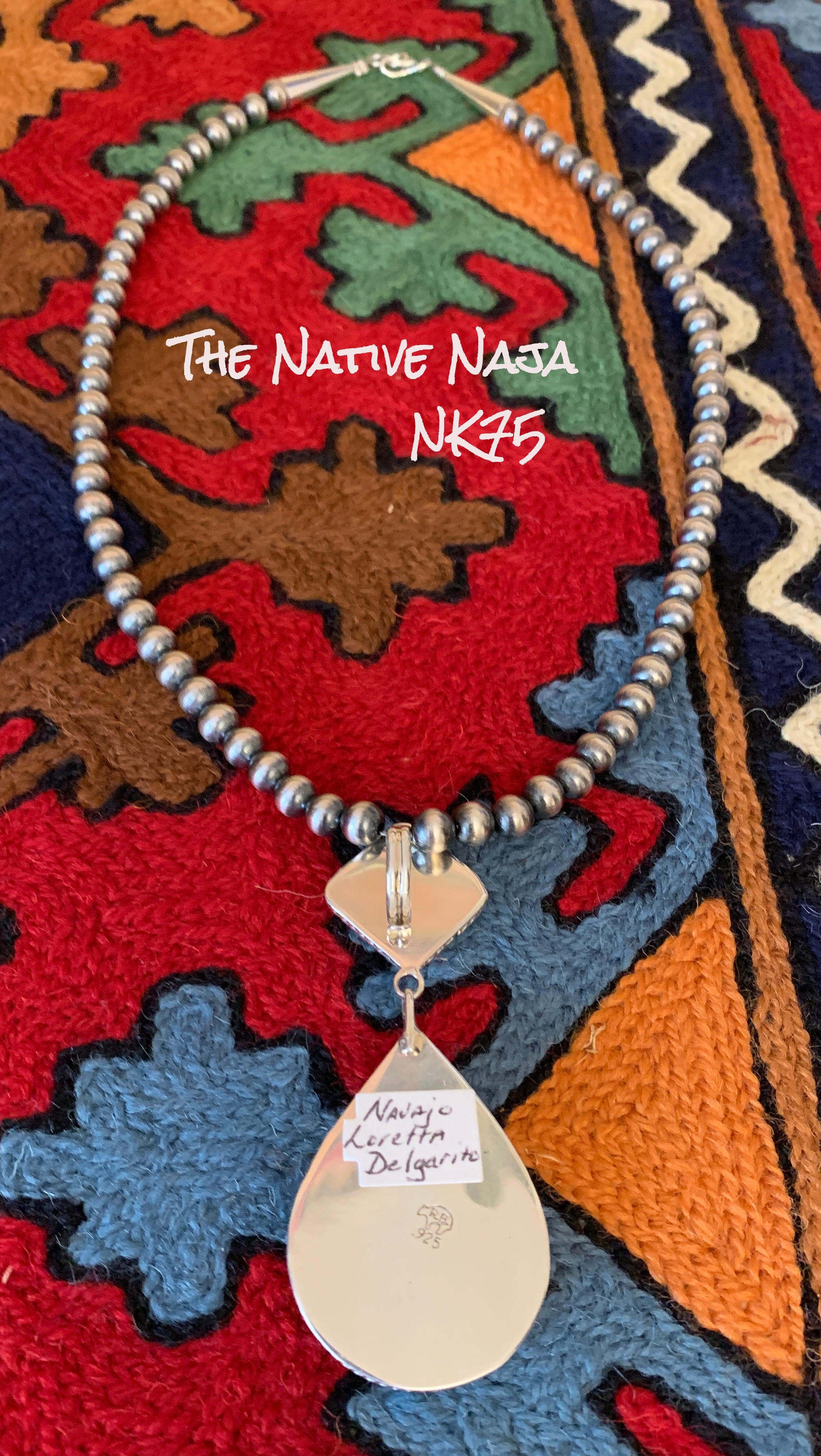 Navajo Loretta Delgarito 18" Sterling Silver Navajo Pearls with Turquoise Pendant NK75