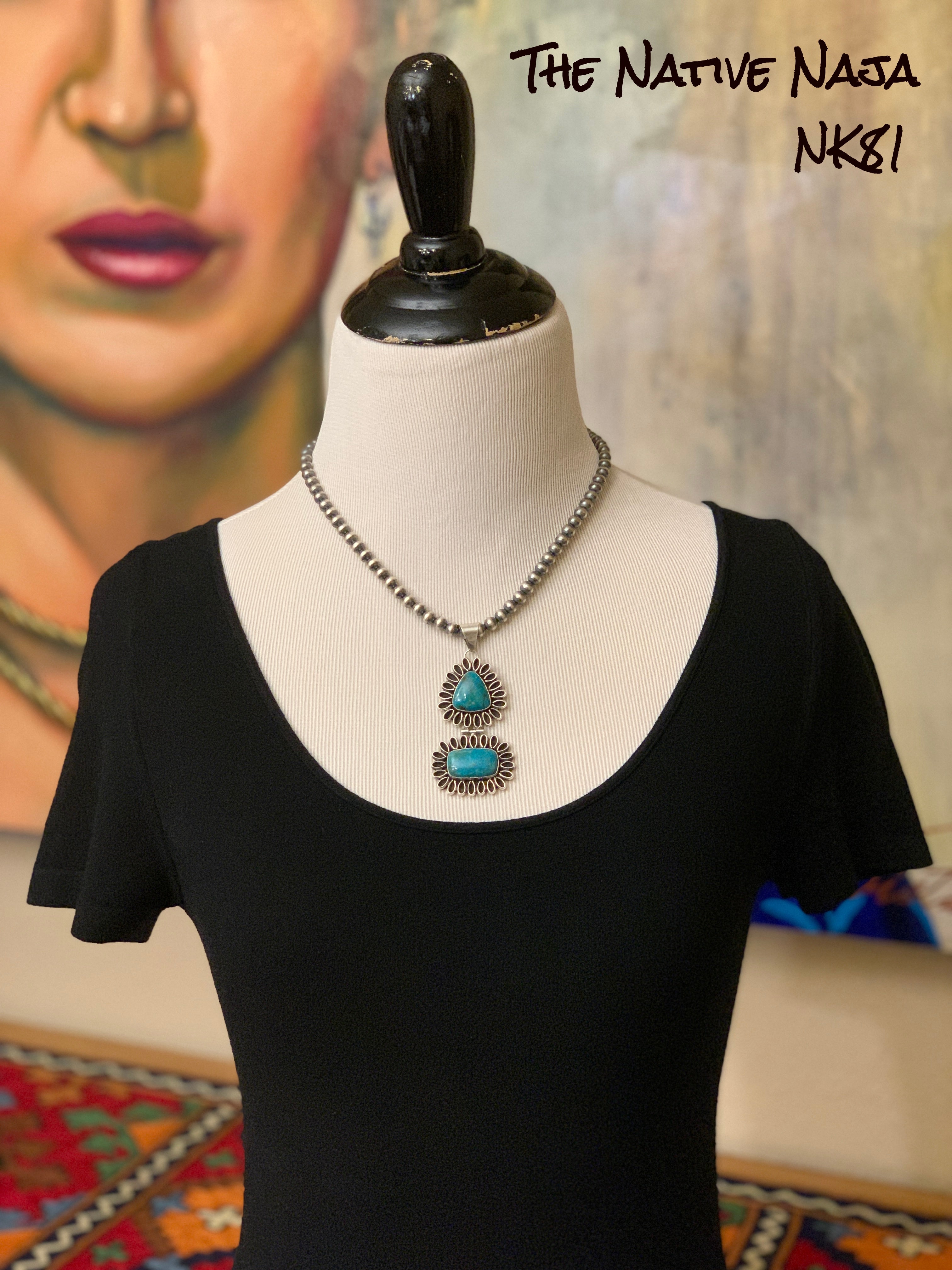 18" Genuine Sterling Silver Oxidized Machine Navajo Pearls with Stunning Turquoise Pendant NK81