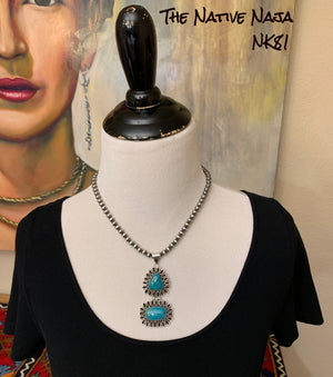 18" Genuine Sterling Silver Oxidized Machine Navajo Pearls with Stunning Turquoise Pendant NK81