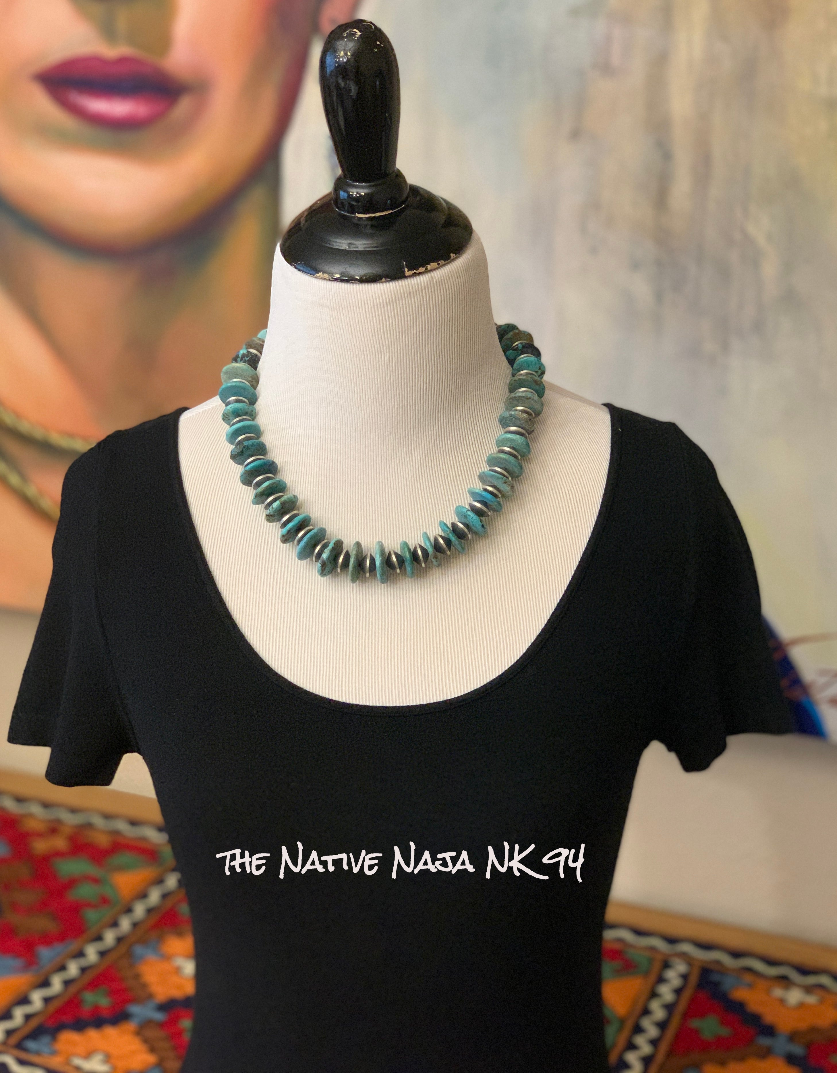 20" Navajo Chimney Butte Large Heishi Bead Turquoise and Sterling Silver Saucer Navajo Pearl Necklace NK94