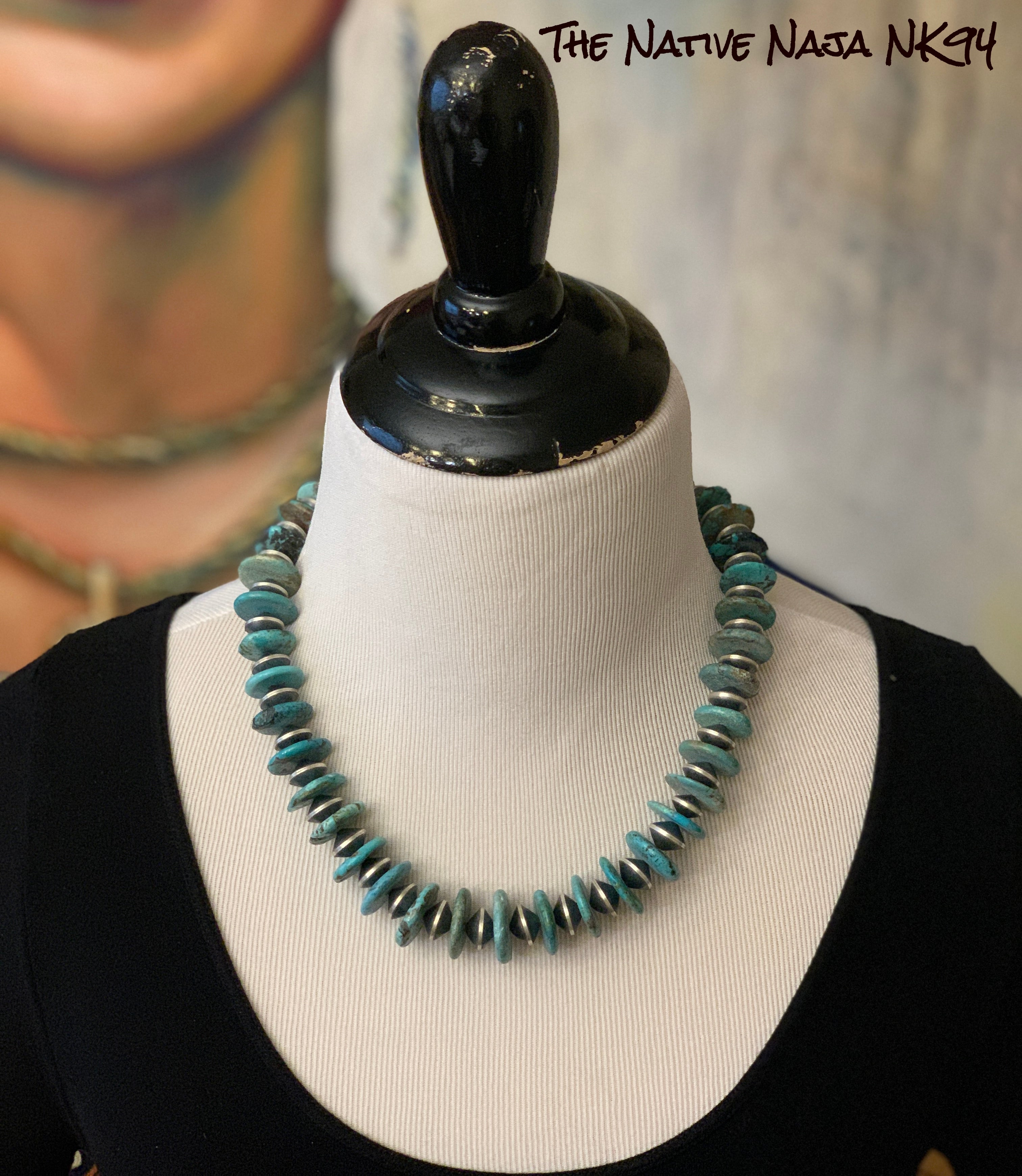 20" Navajo Chimney Butte Large Heishi Bead Turquoise and Sterling Silver Saucer Navajo Pearl Necklace NK94