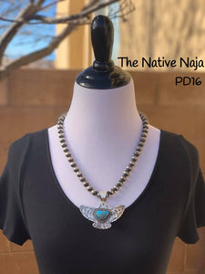 Navajo Genuine Sterling Silver & Kingman Turquoise Thunderbird Pendant PD16