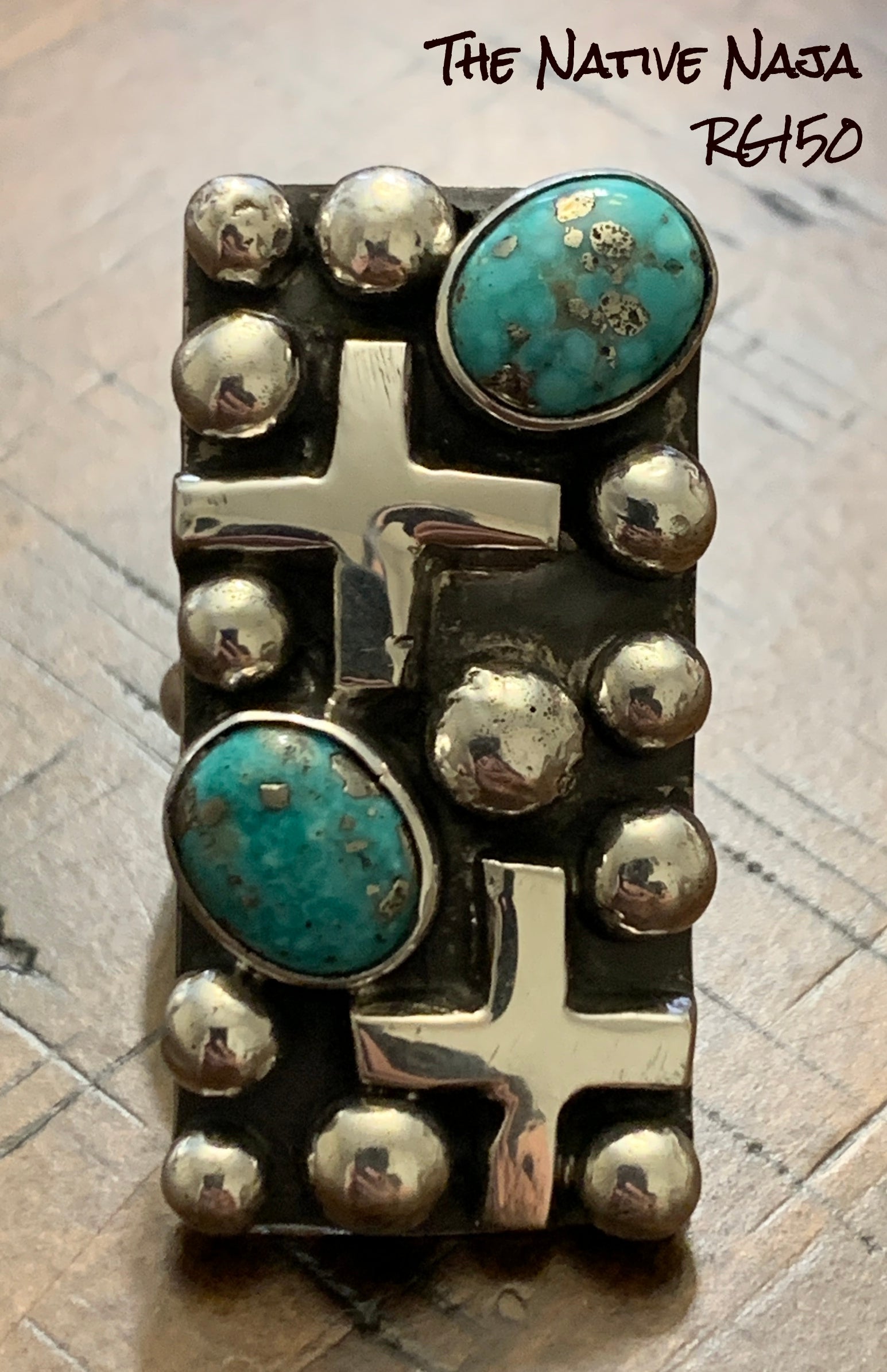 Chimney Butte Genuine Turquoise & Silver Cross & Dot Ring Size 7 1/2 RG150