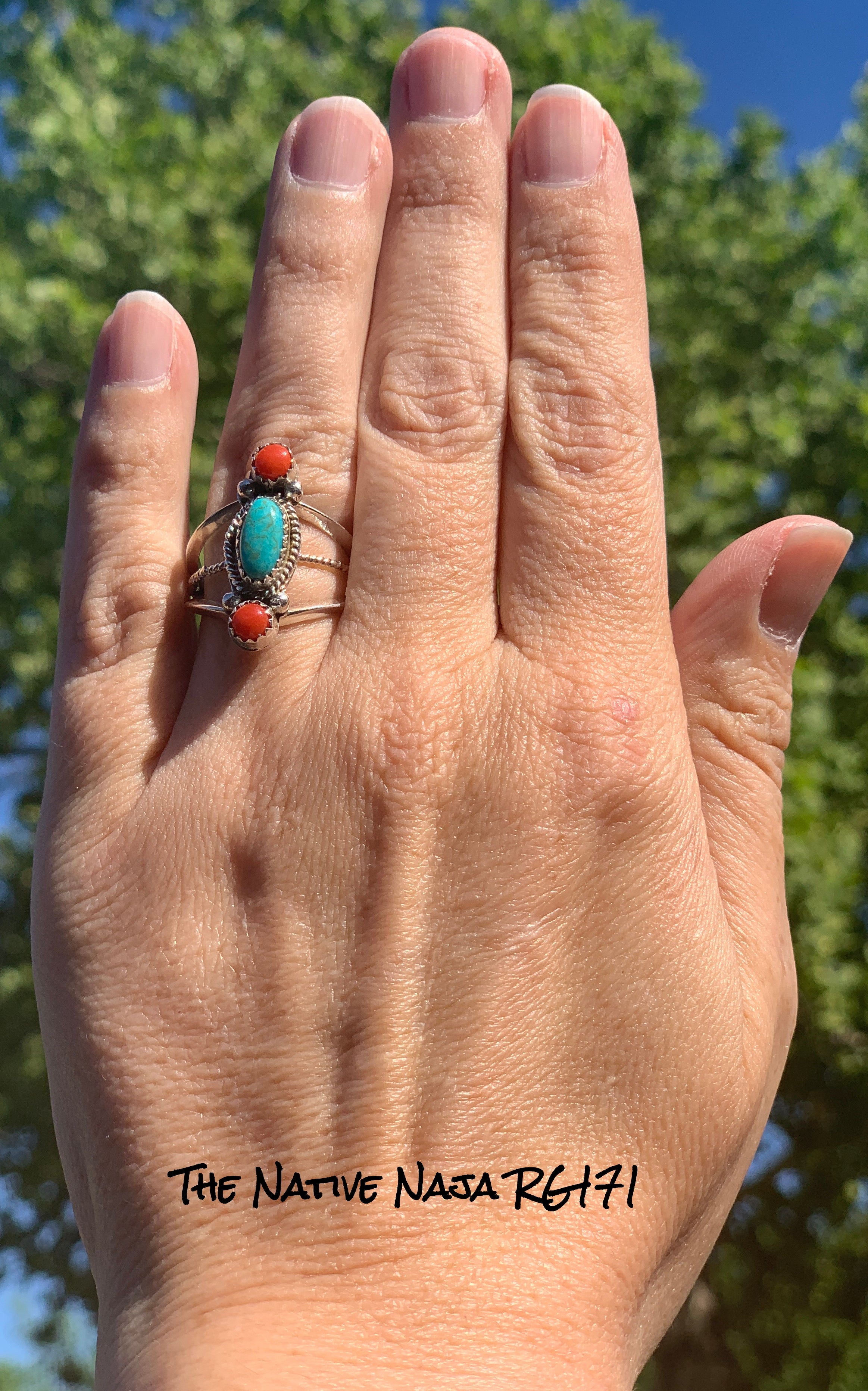 Navajo Alice Rose Saunders Sterling Silver & Turquoise & Coral Ring Size 8" RG171