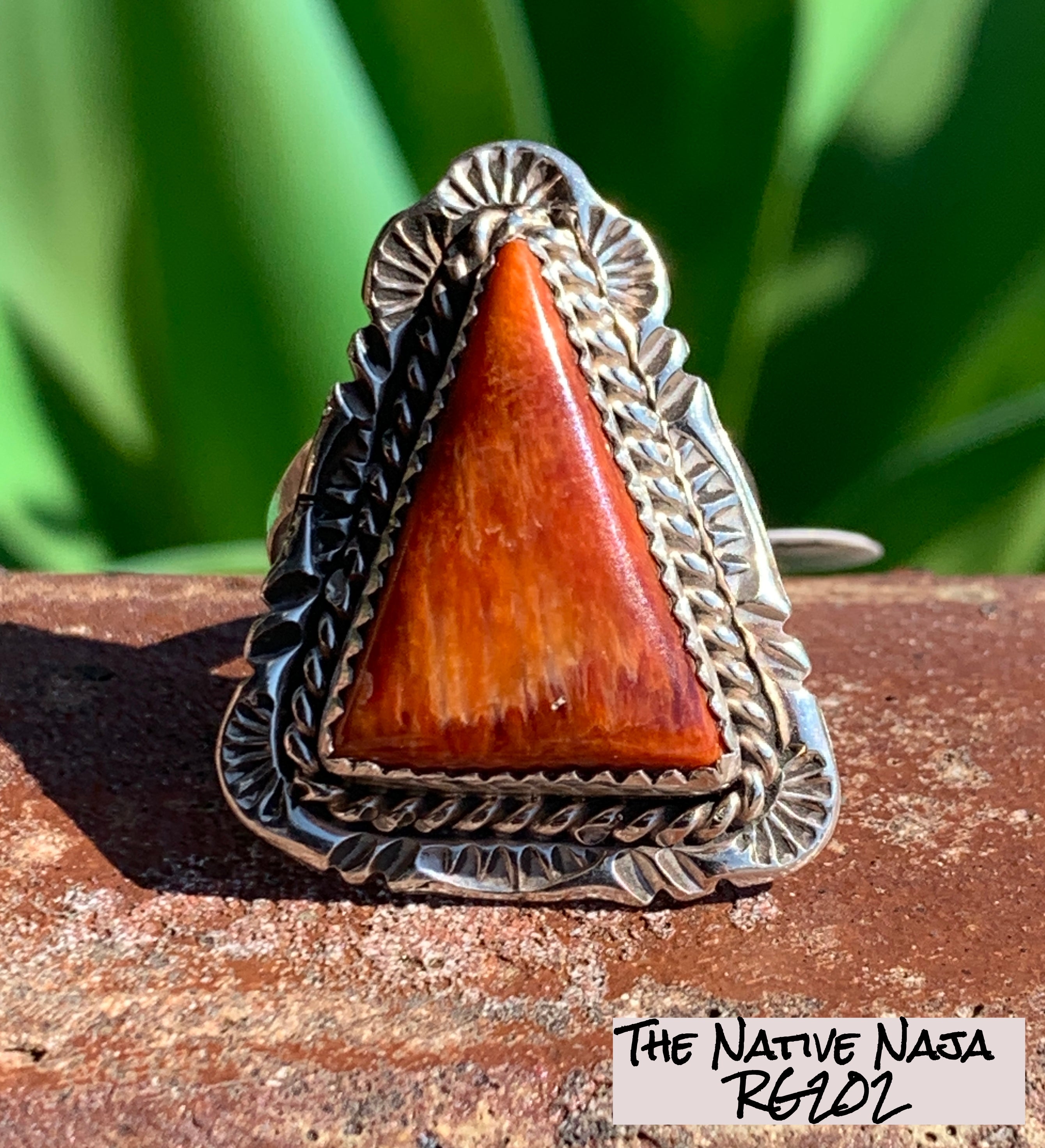 Signed Navajo Sterling Silver & Orange Spiny Oyster Ring Size 8 1/4 RG202