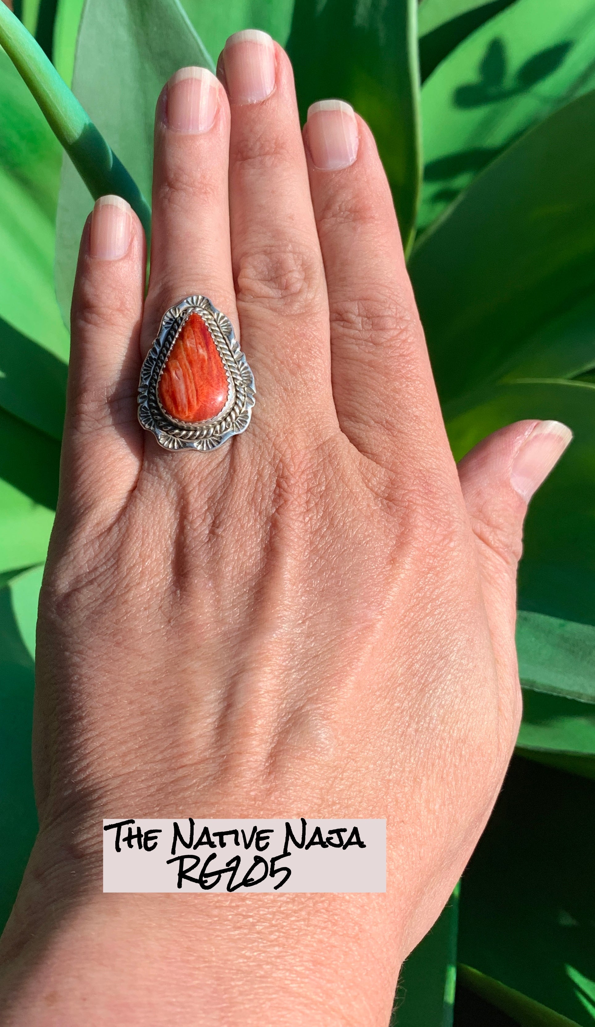 Signed Navajo Sterling Silver & Orange Spiny Oyster Ring Size 7 1/4 RG205