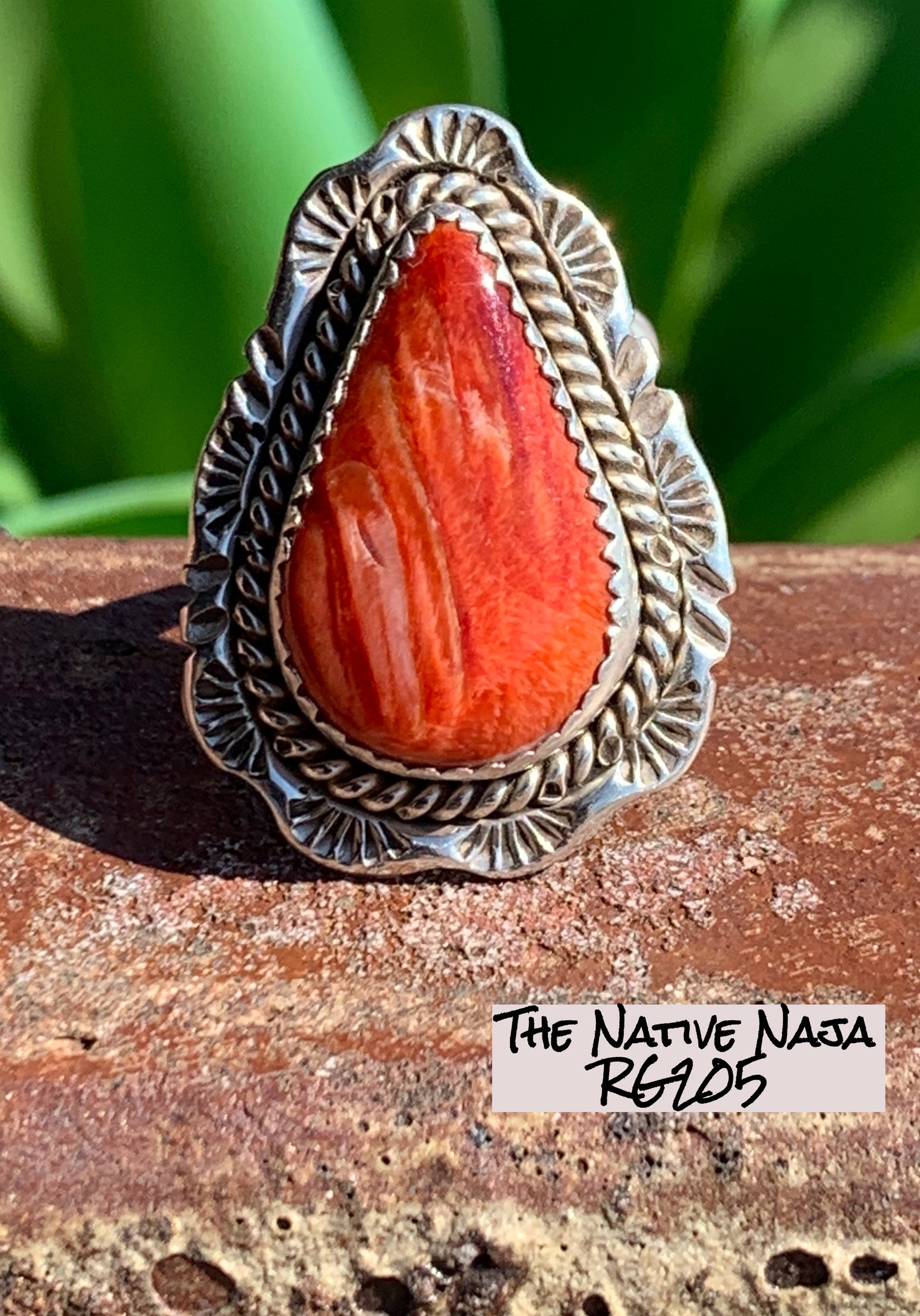 Signed Navajo Sterling Silver & Orange Spiny Oyster Ring Size 7 1/4 RG205