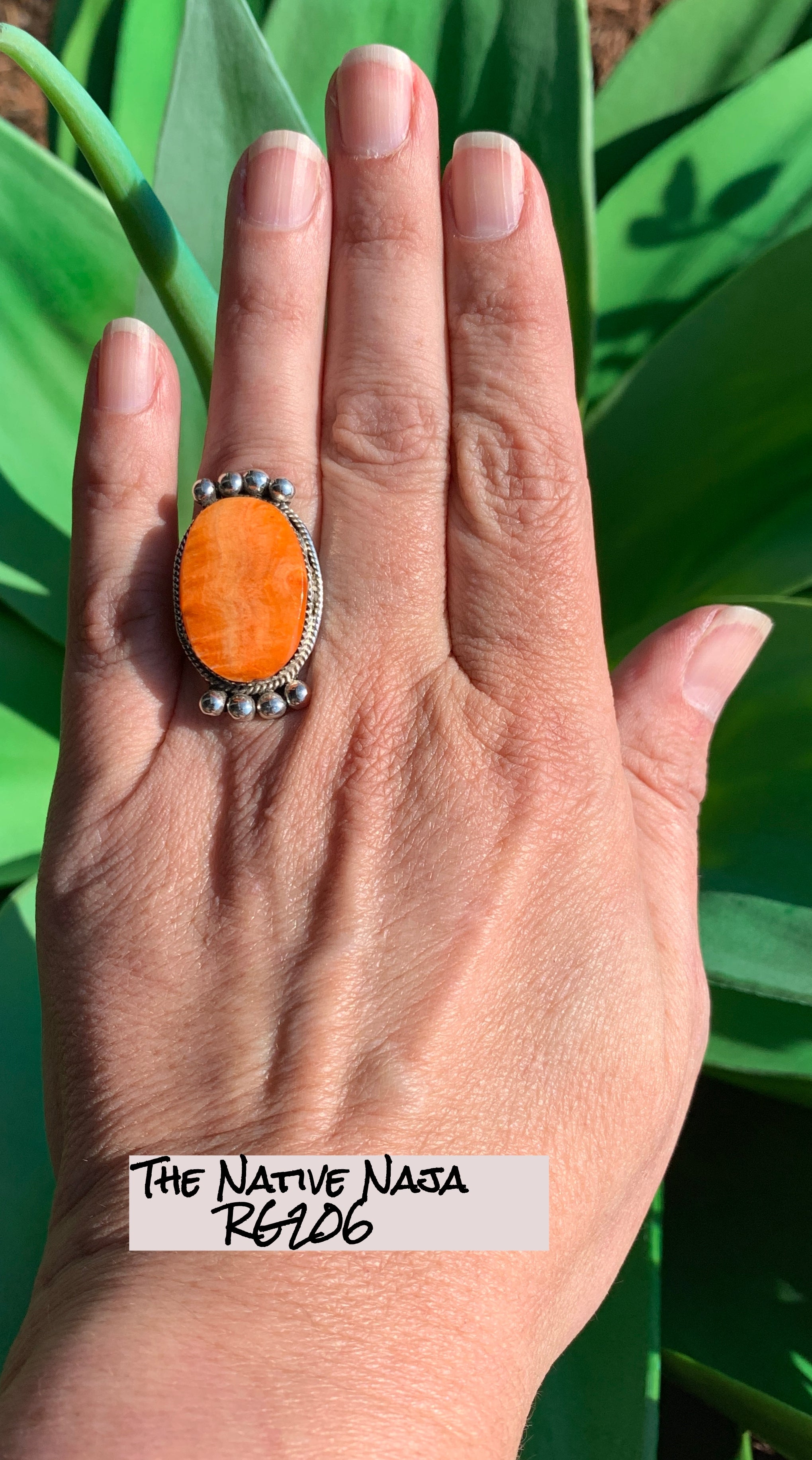 Signed Navajo Sterling Silver & Orange Spiny Oyster Ring Size 7 3/4 RG206