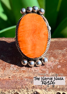 Signed Navajo Sterling Silver & Orange Spiny Oyster Ring Size 7 3/4 RG206