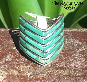 Navajo Andrew Enrico 5 Layer Sterling Silver & Channel Set Turquoise Chevron Ring Size 7 RG214