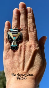 Large Zuni Delgar Cellicion Multi Stone Inlay Thunderbird Ring Size 8 RG216