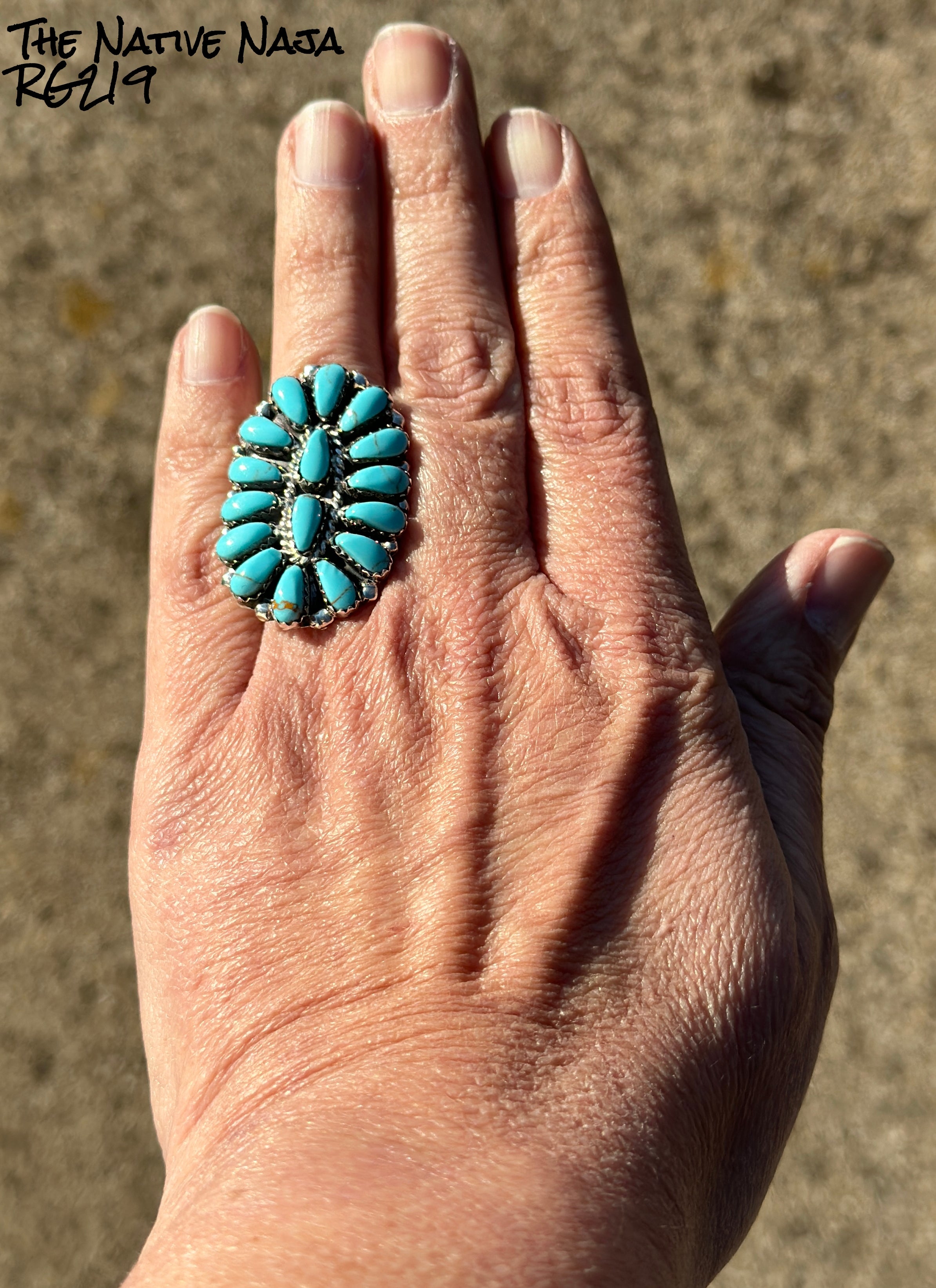 Large Navajo Jesse Williams Oval Petit Point Turquoise & Sterling Silver Ring Size 9 3/4 RG219