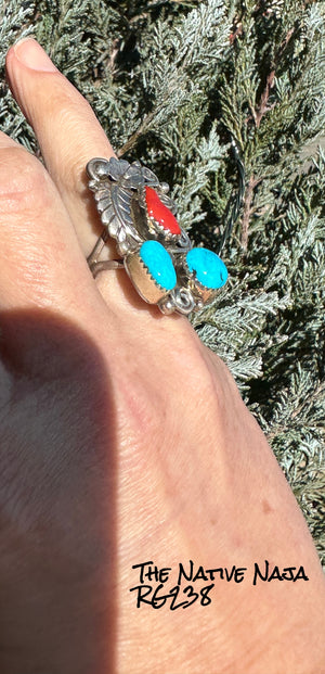 Navajo Shirley Largo Sterling Silver Coral & Kingman Turquoise Ring SZ 7 3/4" RG238