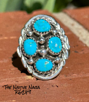 Navajo Melvin Chee Sterling Silver & Kingman Turquoise Cluster Ring SZ 7 RG249