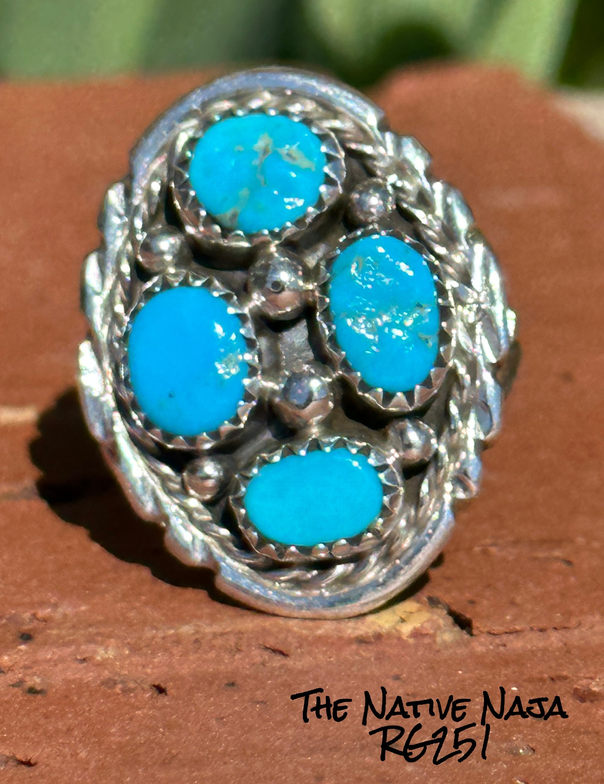 Navajo Melvin Chee Sterling Silver & Kingman Turquoise Cluster Ring SZ 8 1/4 RG251