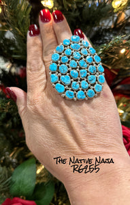 Navajo Marlene Haley Kingman Cluster Turquoise & Sterling Silver Adjustable Ring RG255