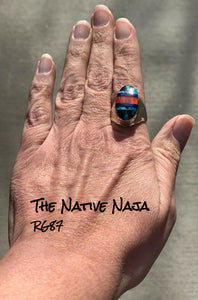 Unisex Mens Navajo Chimney Butte Sterling Silver & Multi Stone Inlay Oval Ring Size 9 RG87