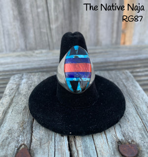 Unisex Mens Navajo Chimney Butte Sterling Silver & Multi Stone Inlay Oval Ring Size 9 RG87
